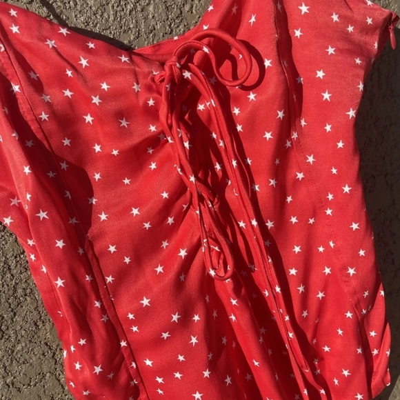 Zara Womens Satin Star Print Red White Stars Lace Up Snap Bottom Bodysuit Size M - Picture 11 of 13